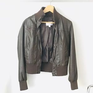 Brown Faux Leather Zip-up Bomber Jacket